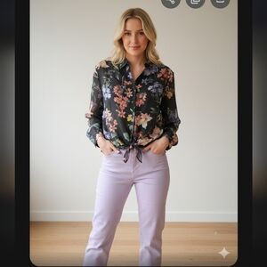 89$ Vince Camuto Floral Black Buttoned Up Knotted Top Blouse